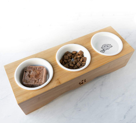 Raised Ceramic 3 Puppy Bowl Set Triple With Bamboo Stand